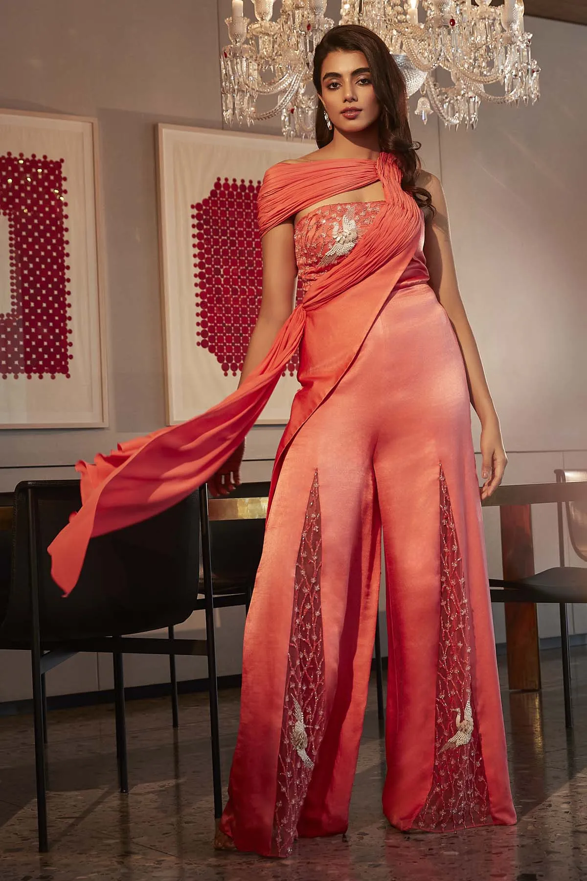 Coral Embroidered Flare Jumpsuit