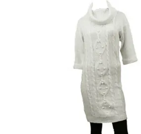 Cream Bubble Thick Knitted Roll Neck Jumper Dress