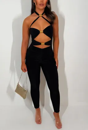 Cut Out Jumpsuit With Gold Metal Detail -Black