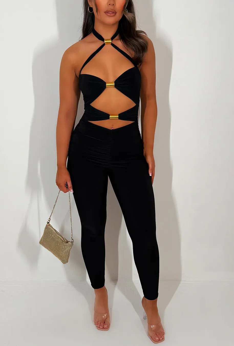 Cut Out Jumpsuit With Gold Metal Detail -Black