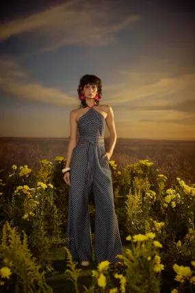 Denim Striped Jumpsuit With Belt