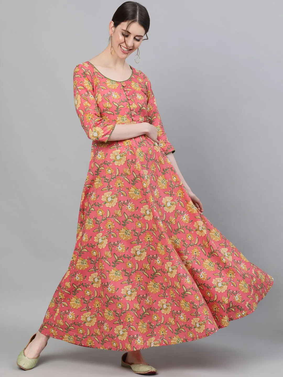 DRESS - Pink Floral Printed Flared Maxi Dress
