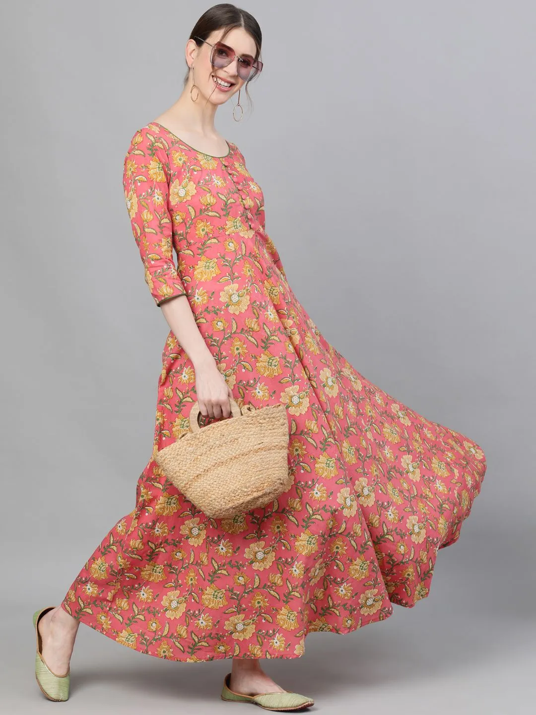 DRESS - Pink Floral Printed Flared Maxi Dress
