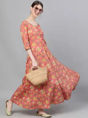 DRESS - Pink Floral Printed Flared Maxi Dress