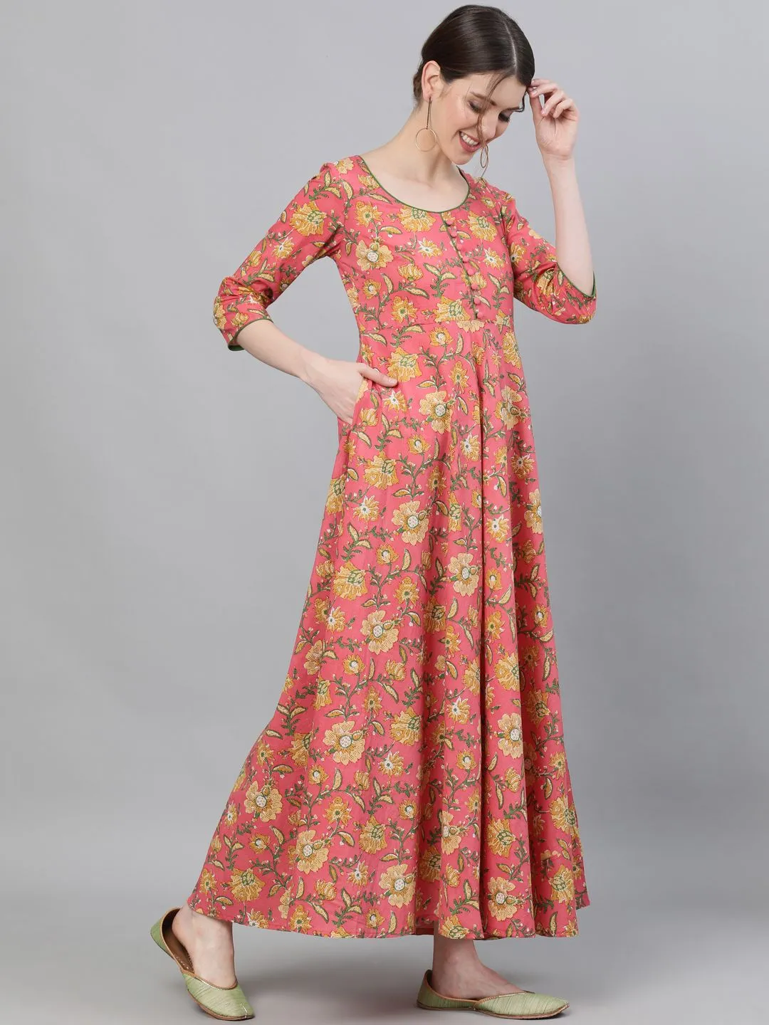 DRESS - Pink Floral Printed Flared Maxi Dress
