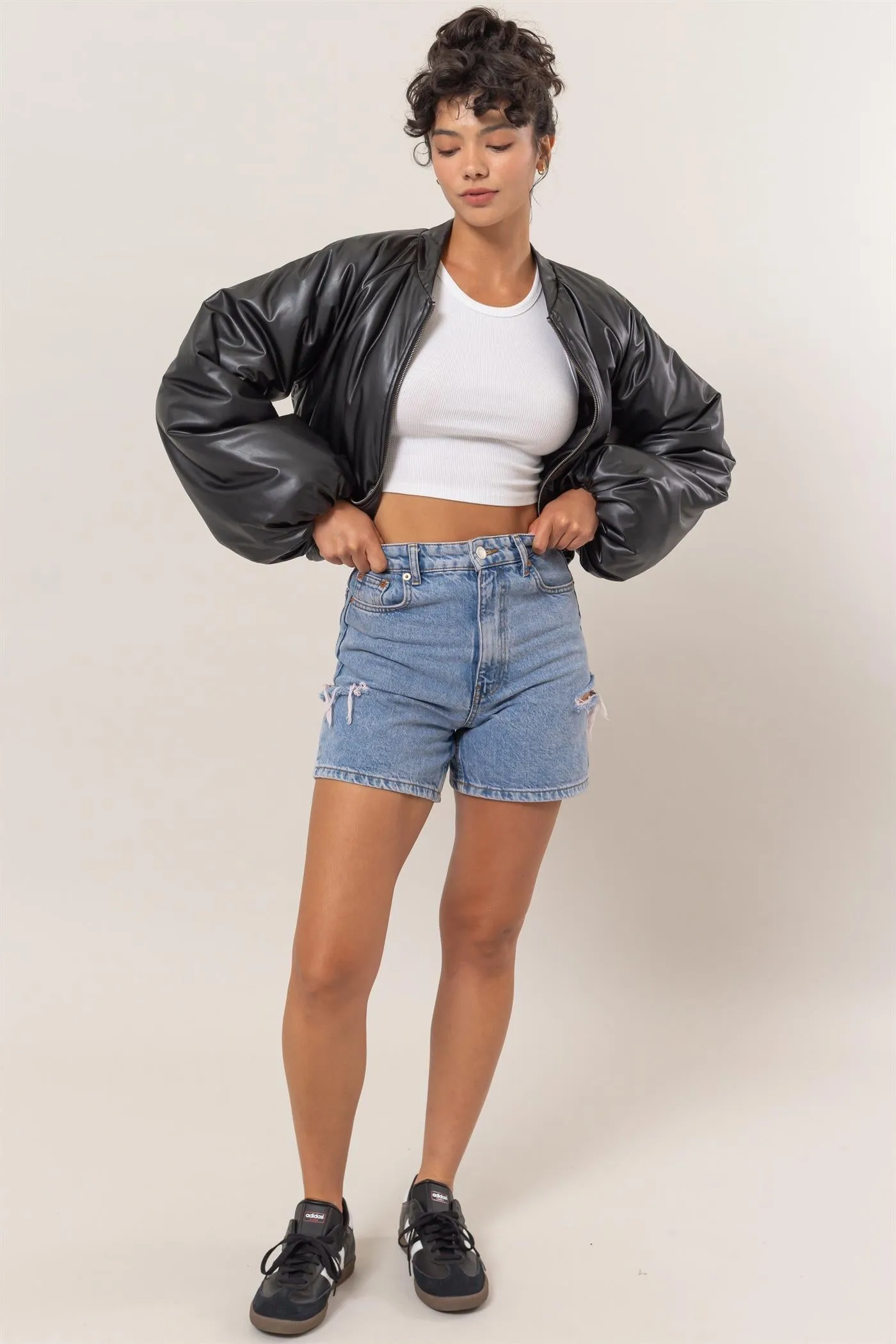 DZ24E970-Leather Puffer Bomber Jacket