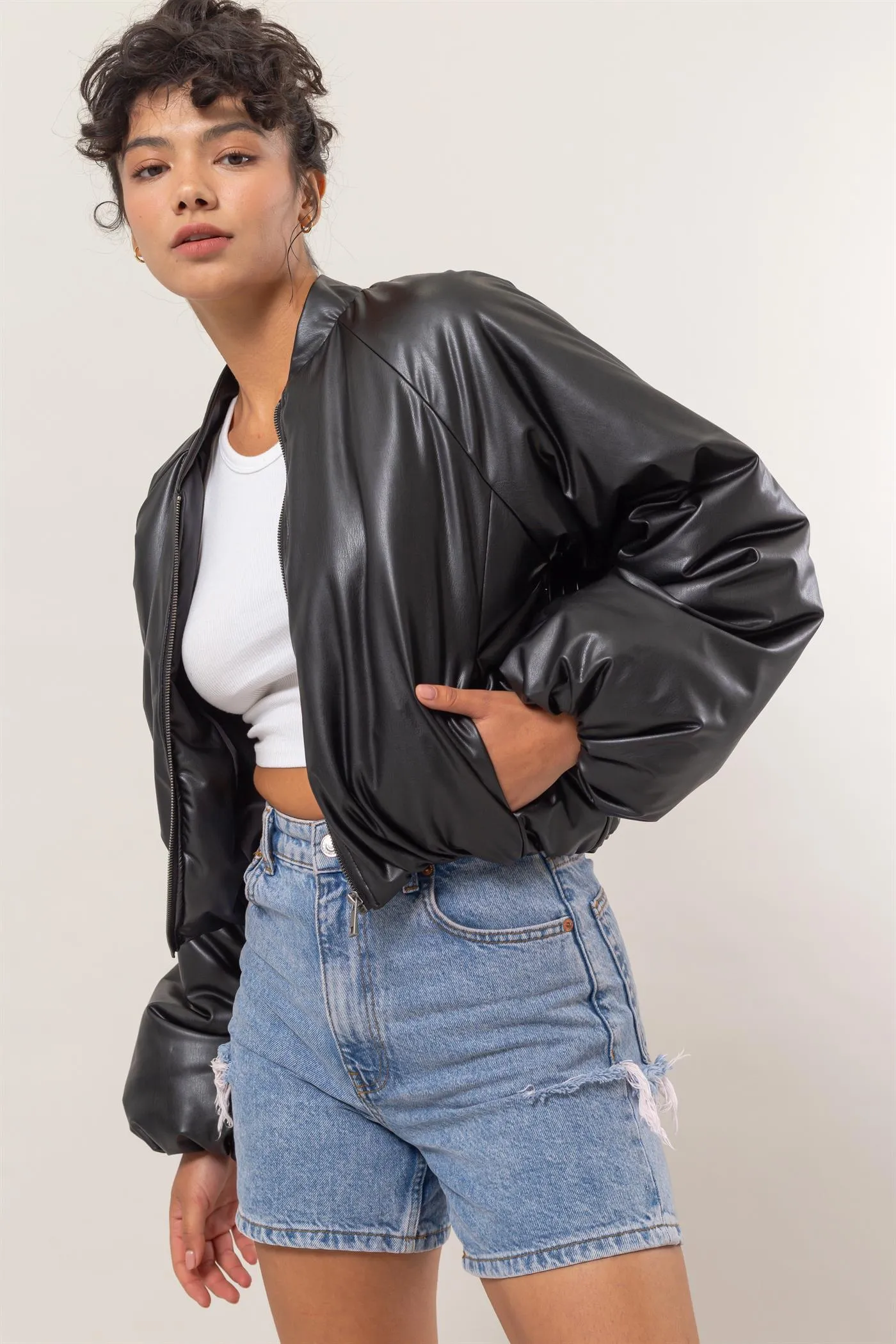 DZ24E970-Leather Puffer Bomber Jacket