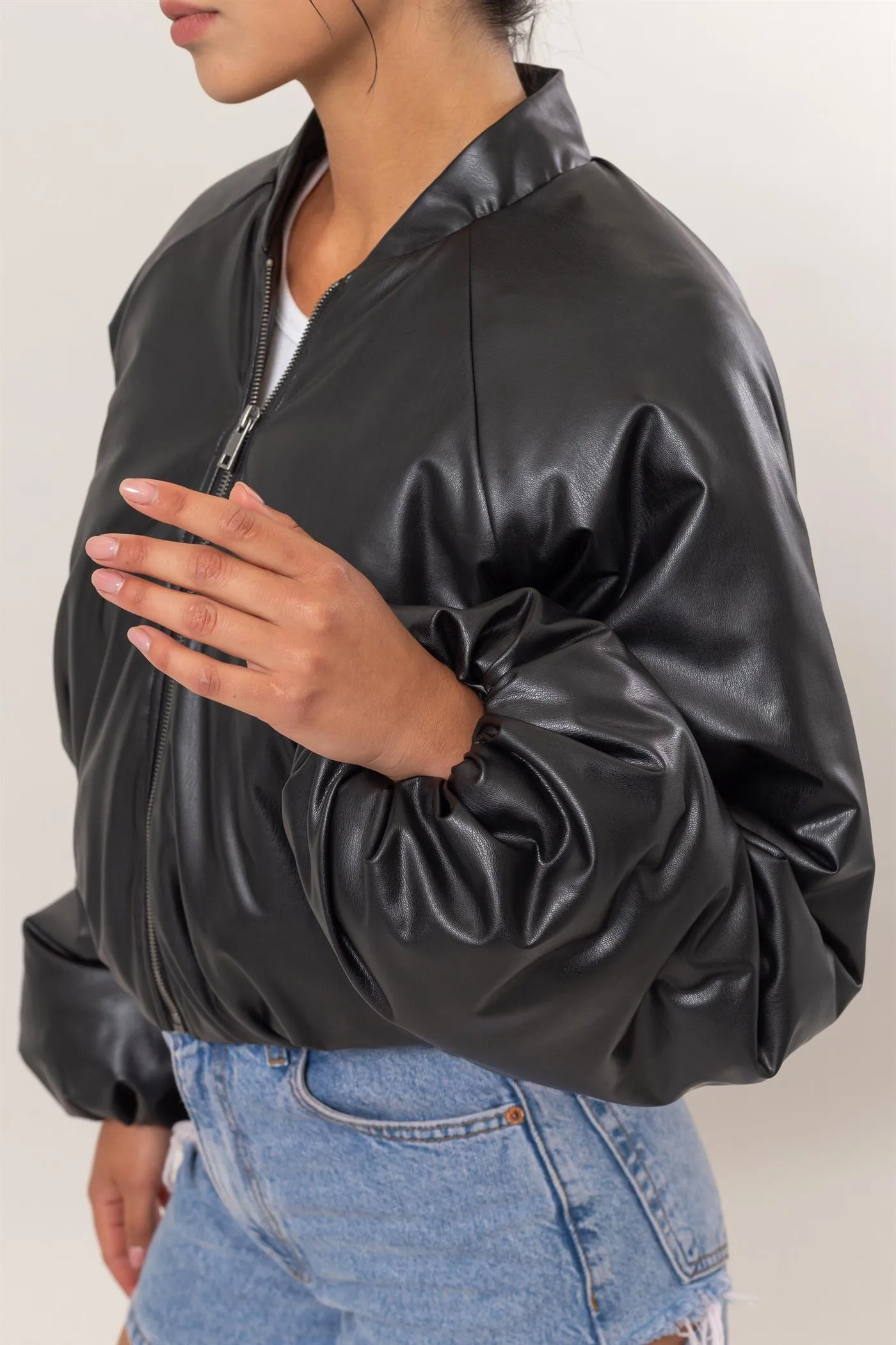 DZ24E970-Leather Puffer Bomber Jacket