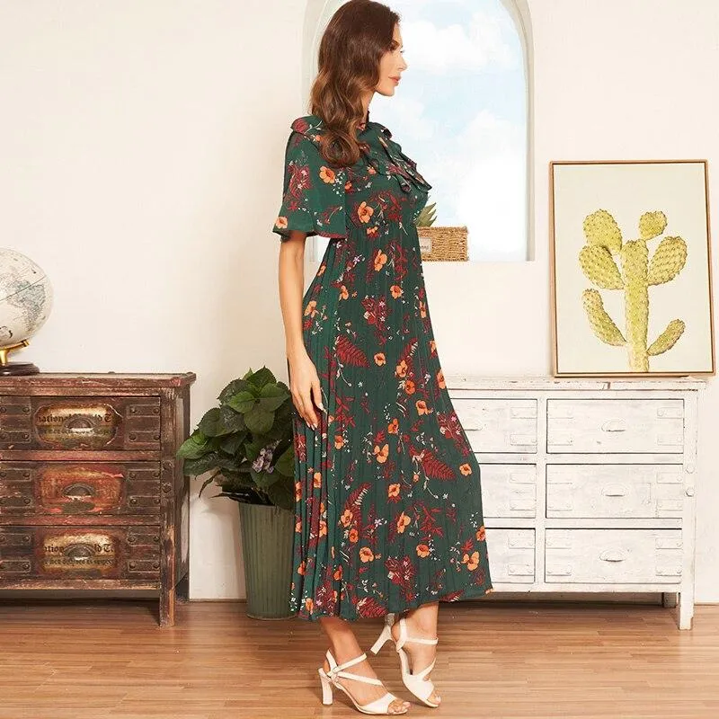 FashionSierra - New Arrival Women's Fashion Loose Black Bow a Word Casual Girls Long Section of the Print Pleated Dress