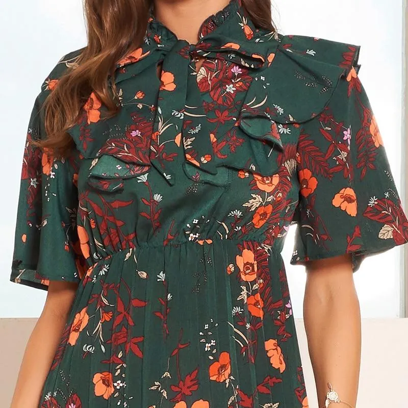 FashionSierra - New Arrival Women's Fashion Loose Black Bow a Word Casual Girls Long Section of the Print Pleated Dress