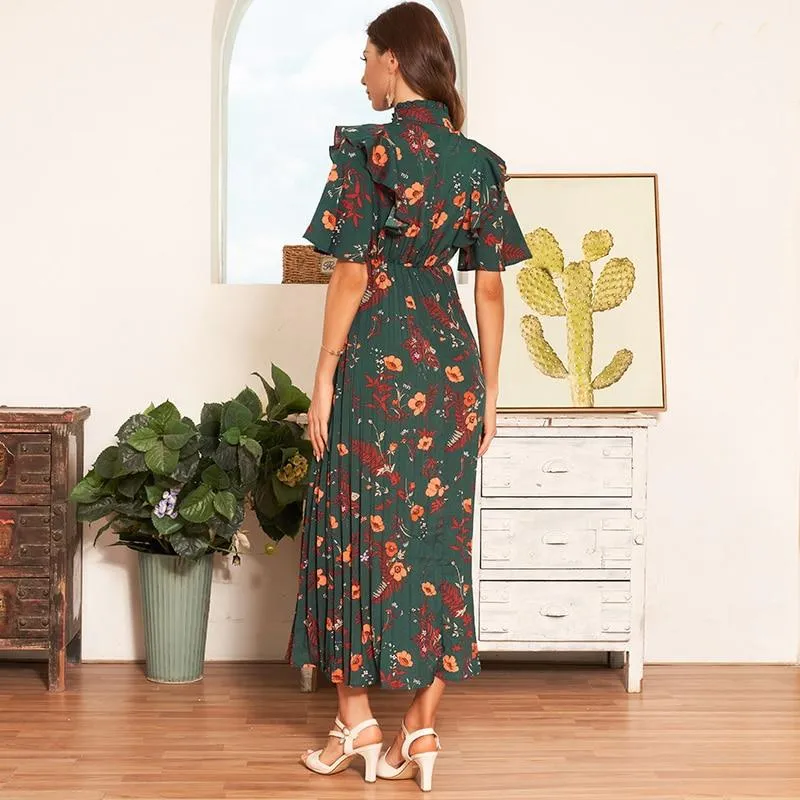 FashionSierra - New Arrival Women's Fashion Loose Black Bow a Word Casual Girls Long Section of the Print Pleated Dress