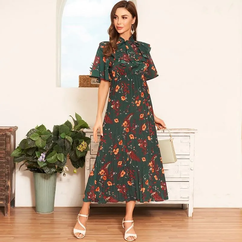 FashionSierra - New Arrival Women's Fashion Loose Black Bow a Word Casual Girls Long Section of the Print Pleated Dress