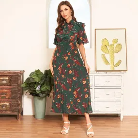 FashionSierra - New Arrival Women's Fashion Loose Black Bow a Word Casual Girls Long Section of the Print Pleated Dress