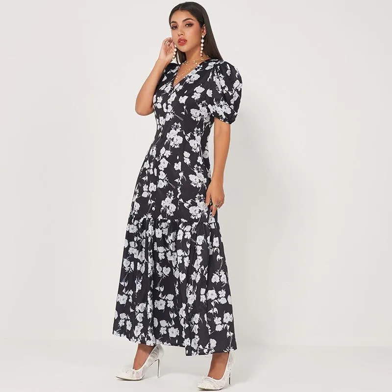 FashionSierra - Summer New Fashion Women's Retro Long Waist Fishtail Slim-fit V-neck Lantern Sleeves Banquet Floral Sweet Dress