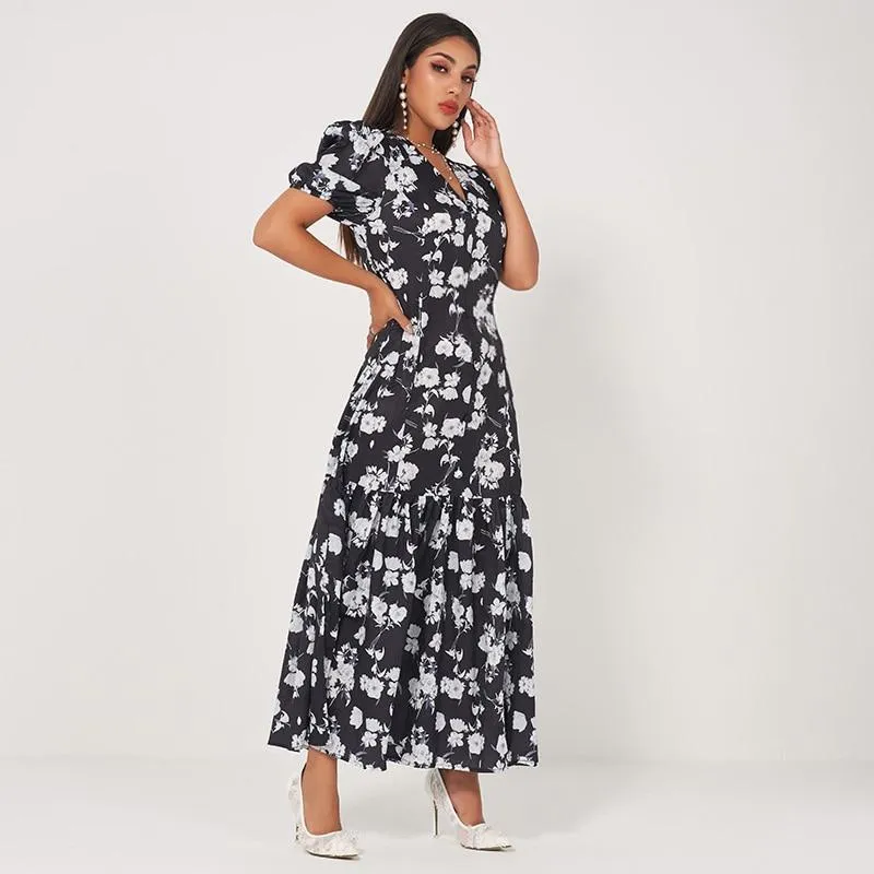 FashionSierra - Summer New Fashion Women's Retro Long Waist Fishtail Slim-fit V-neck Lantern Sleeves Banquet Floral Sweet Dress