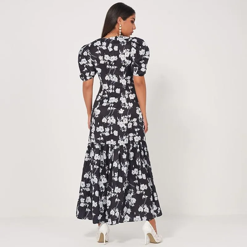 FashionSierra - Summer New Fashion Women's Retro Long Waist Fishtail Slim-fit V-neck Lantern Sleeves Banquet Floral Sweet Dress