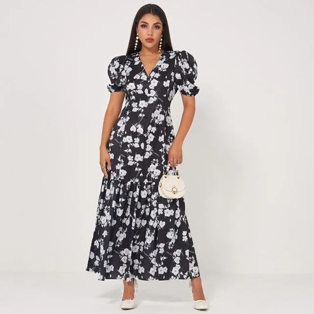 FashionSierra - Summer New Fashion Women's Retro Long Waist Fishtail Slim-fit V-neck Lantern Sleeves Banquet Floral Sweet Dress