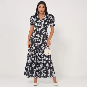 FashionSierra - Summer New Fashion Women's Retro Long Waist Fishtail Slim-fit V-neck Lantern Sleeves Banquet Floral Sweet Dress