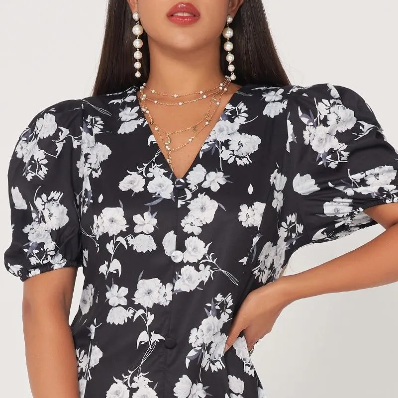 FashionSierra - Summer New Fashion Women's Retro Long Waist Fishtail Slim-fit V-neck Lantern Sleeves Banquet Floral Sweet Dress