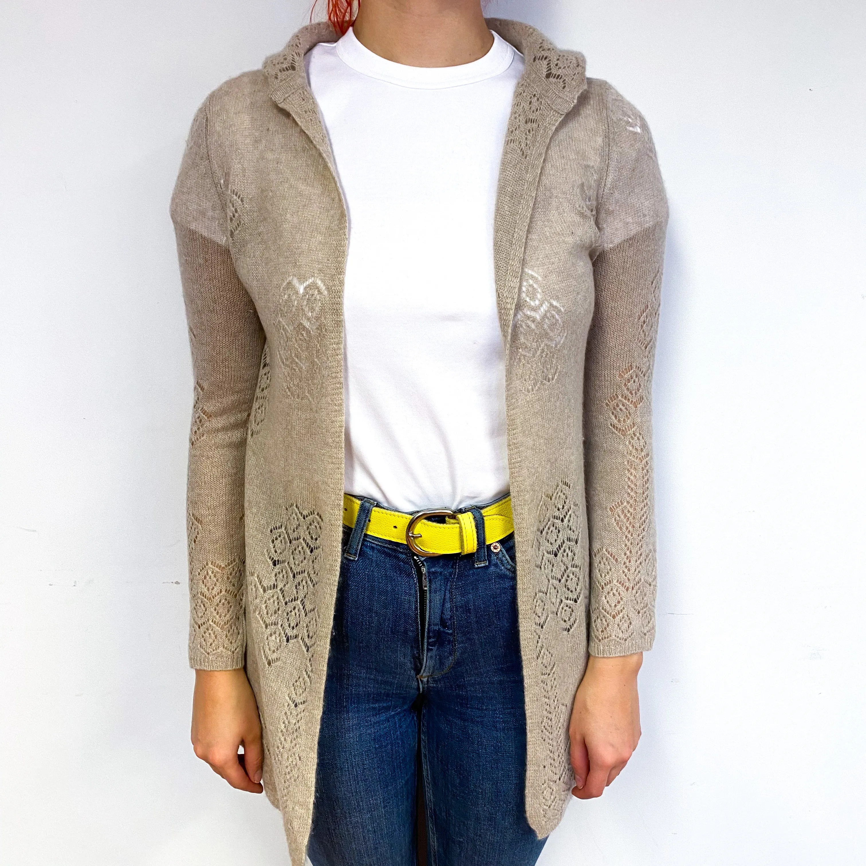Fawn Brown Lace Cashmere Edge to Edge Cardigan Small