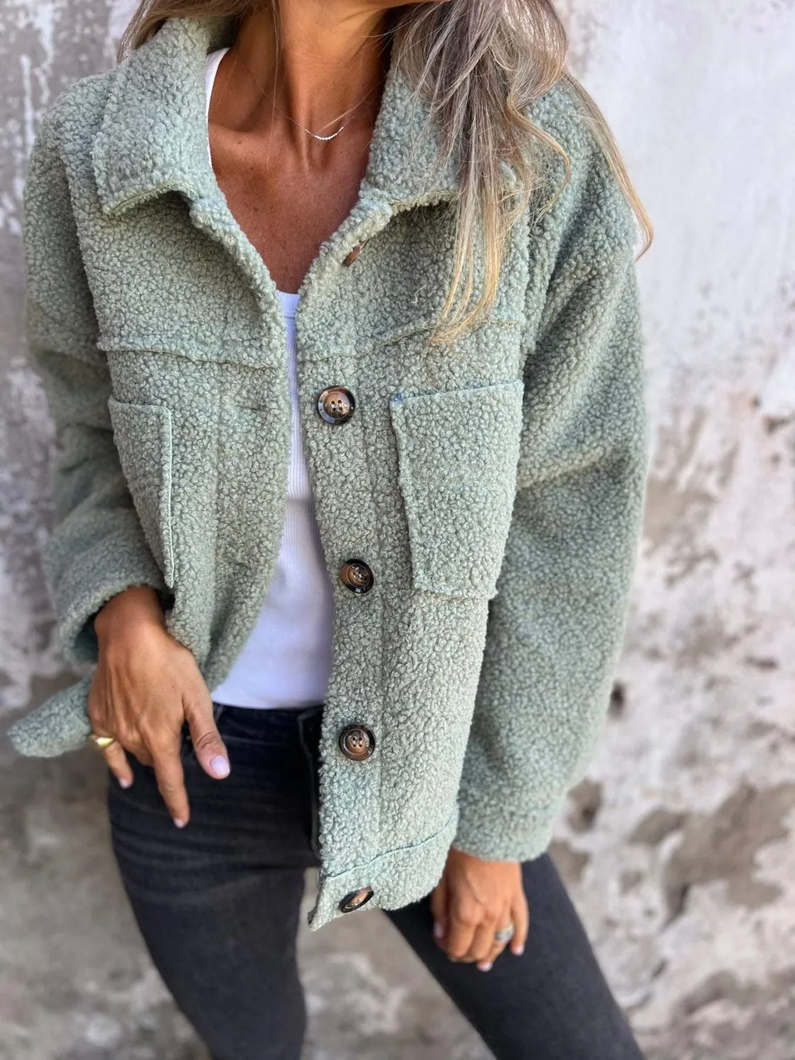 Fuzzy Long Sleeve Button-Up Jacket