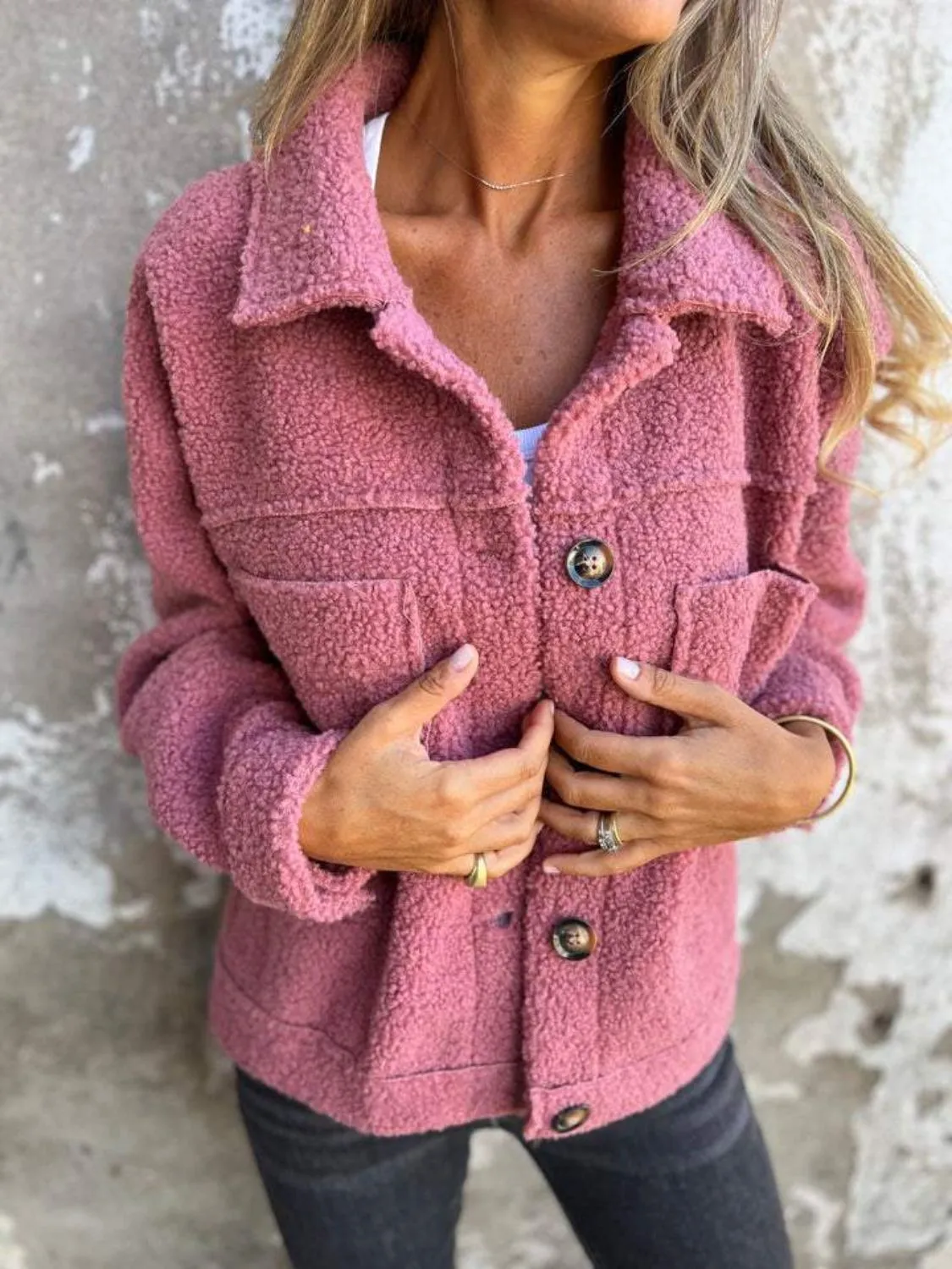 Fuzzy Long Sleeve Button-Up Jacket