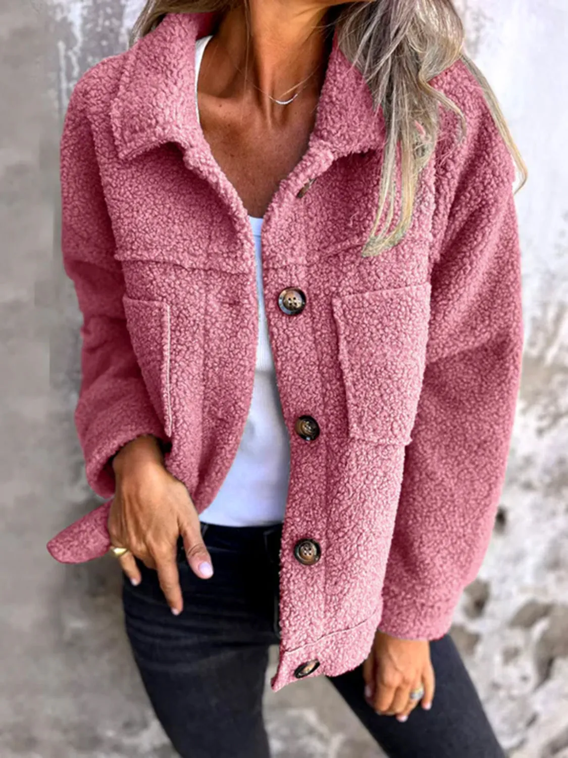 Fuzzy Long Sleeve Button-Up Jacket