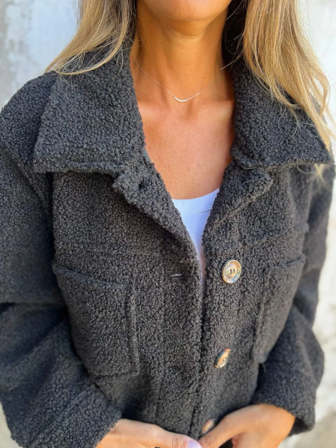 Fuzzy Long Sleeve Button-Up Jacket
