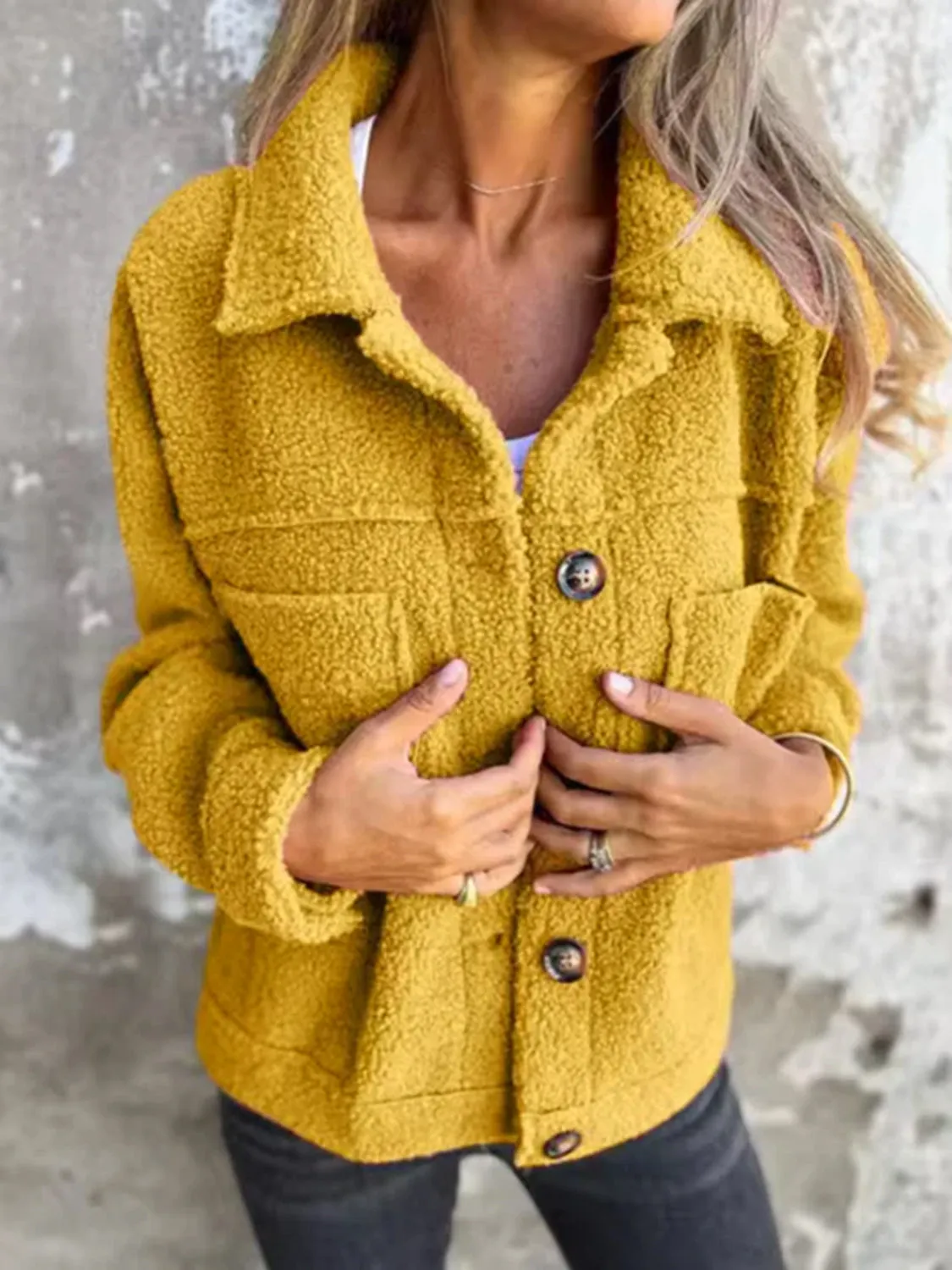 Fuzzy Long Sleeve Button-Up Jacket