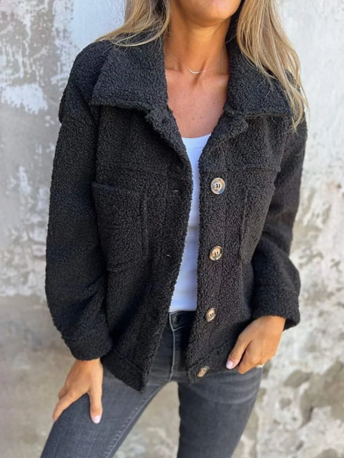 Fuzzy Long Sleeve Button-Up Jacket