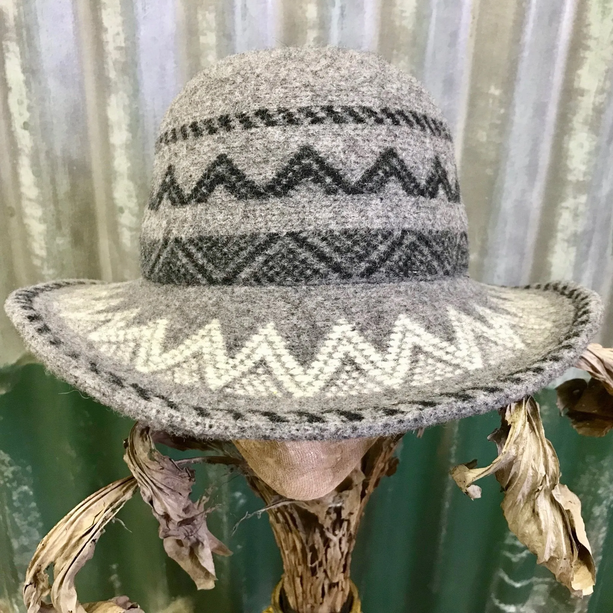 Grey Boiled Wool Aztec Style Knit Hat