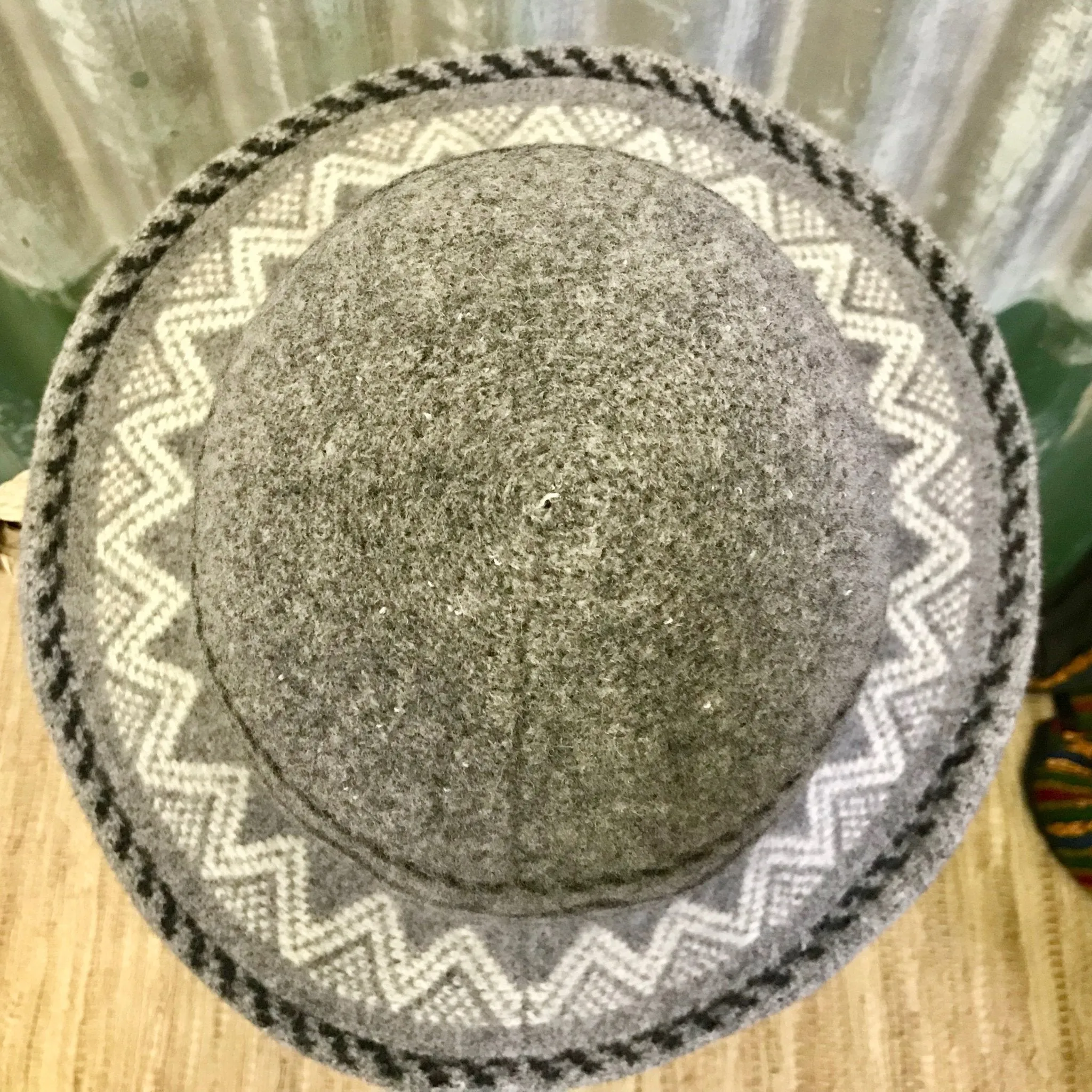 Grey Boiled Wool Aztec Style Knit Hat