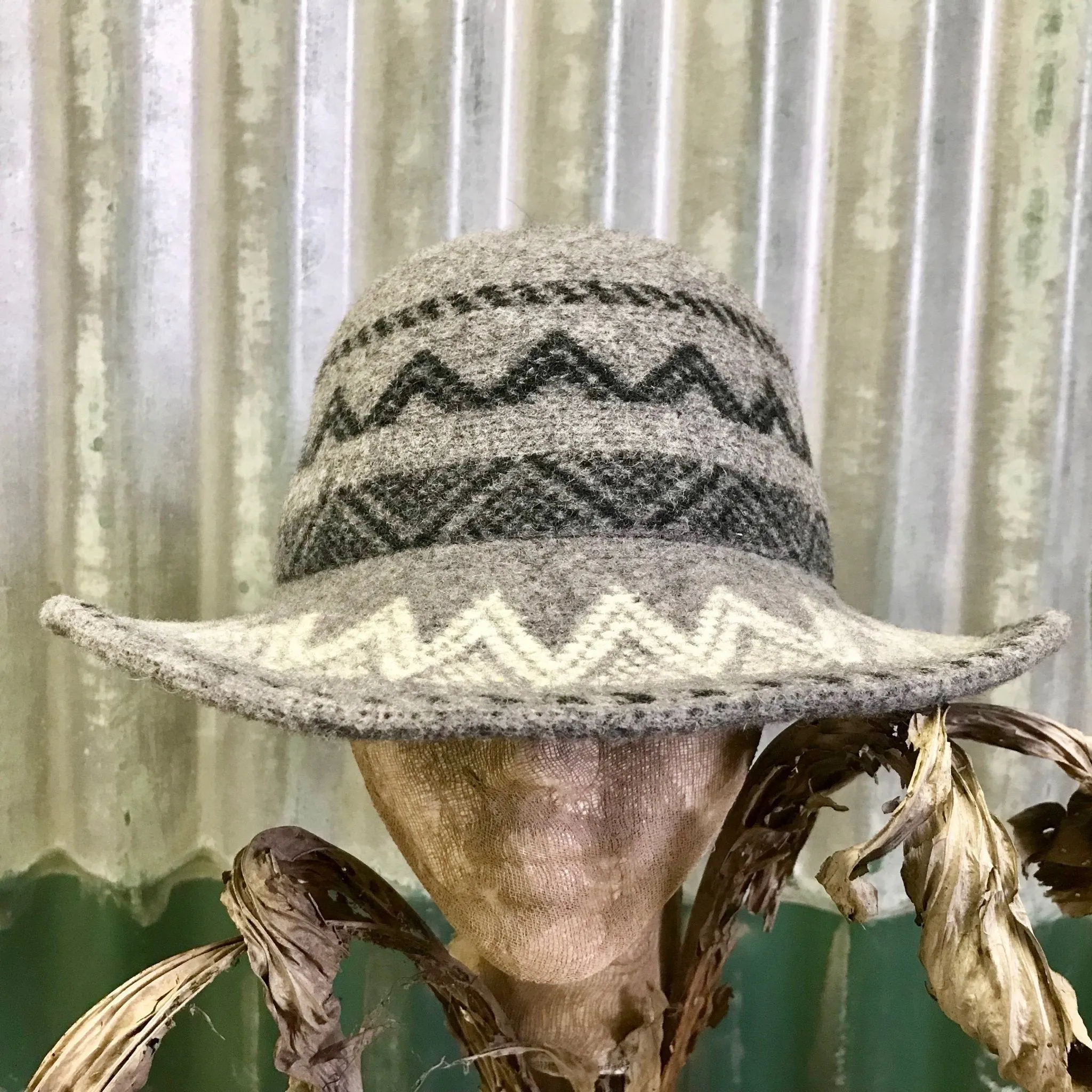 Grey Boiled Wool Aztec Style Knit Hat