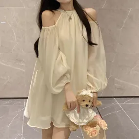 Halter Neck Lantern Sleeve High Waist Dress