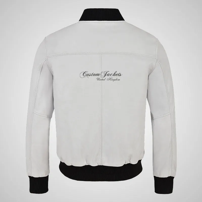 JACK Men's White Leather Bomber Jacket Varsity Jacket