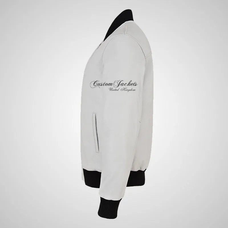 JACK Men's White Leather Bomber Jacket Varsity Jacket