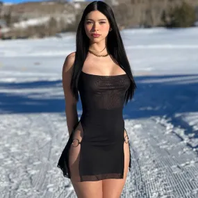Janet Halter Sexy Mesh Sheer Split Mini Dress