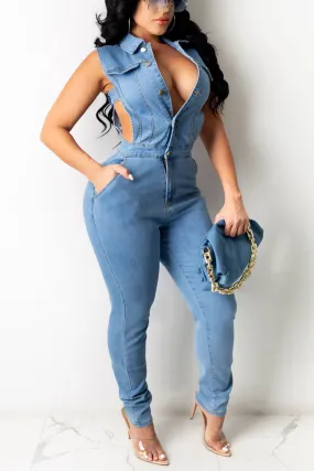 JD669 Bodycon Sleeveless Denim Jumpsuit