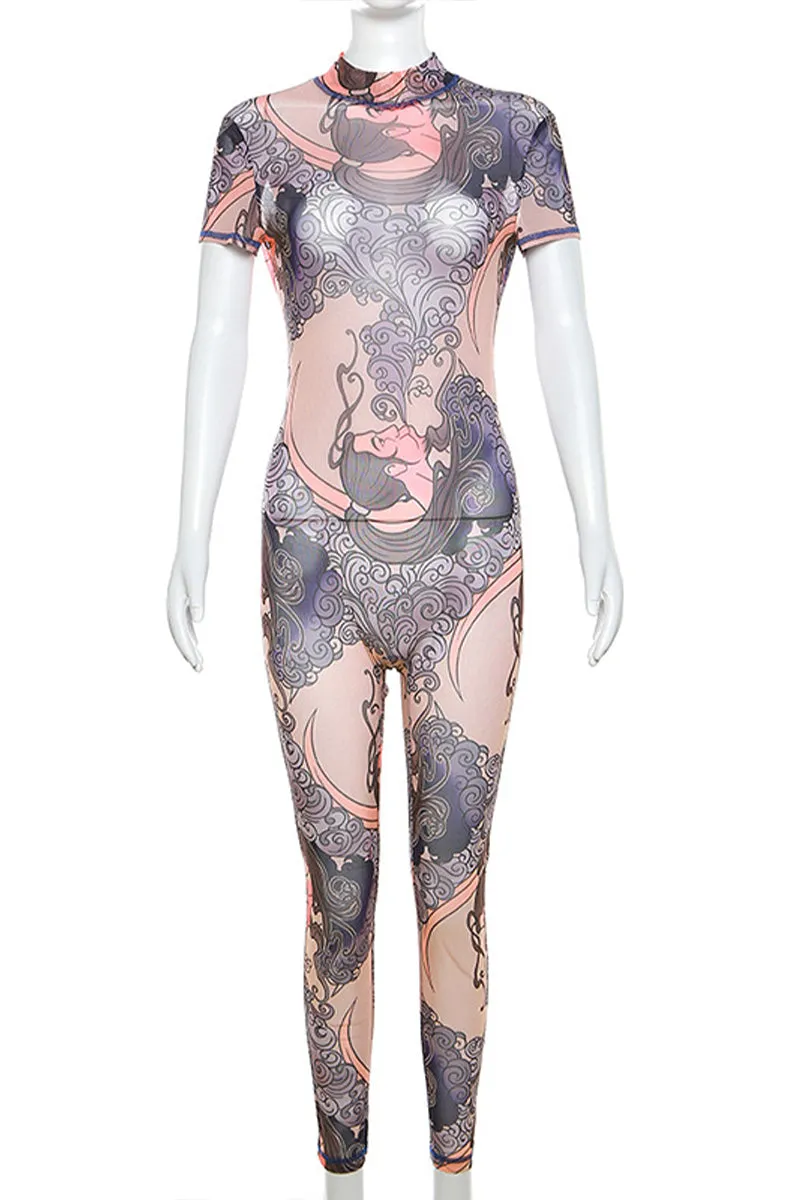 JJ684 Graphic Mesh Jumpsuit
