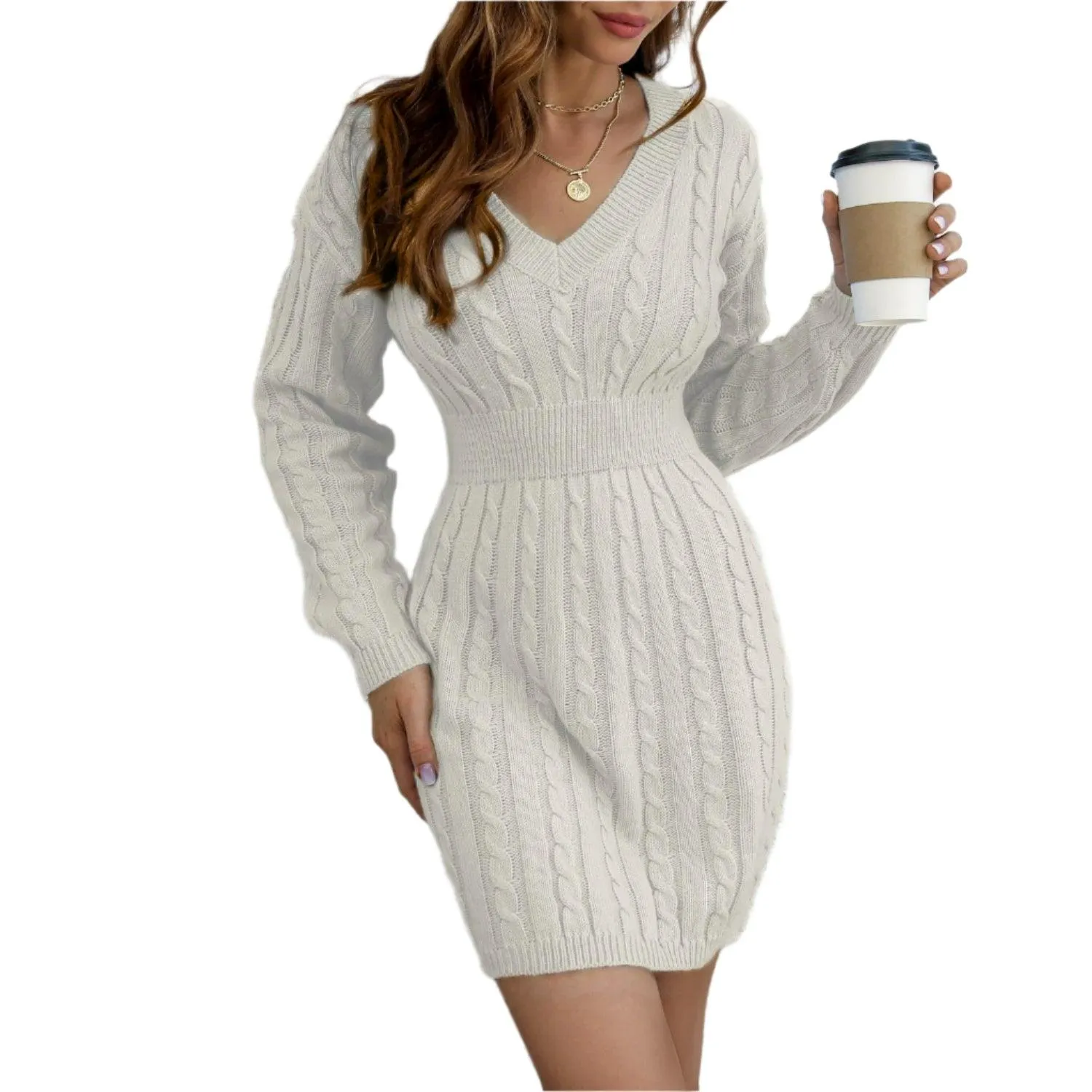 Knitted Solid Color V-neck Long-Sleeved Twist Waist Hip-Covering Sweater Dress