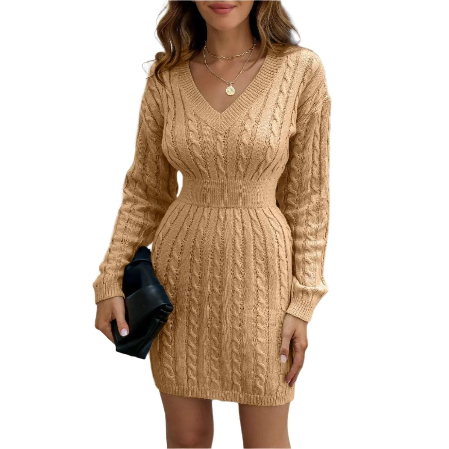 Knitted Solid Color V-neck Long-Sleeved Twist Waist Hip-Covering Sweater Dress