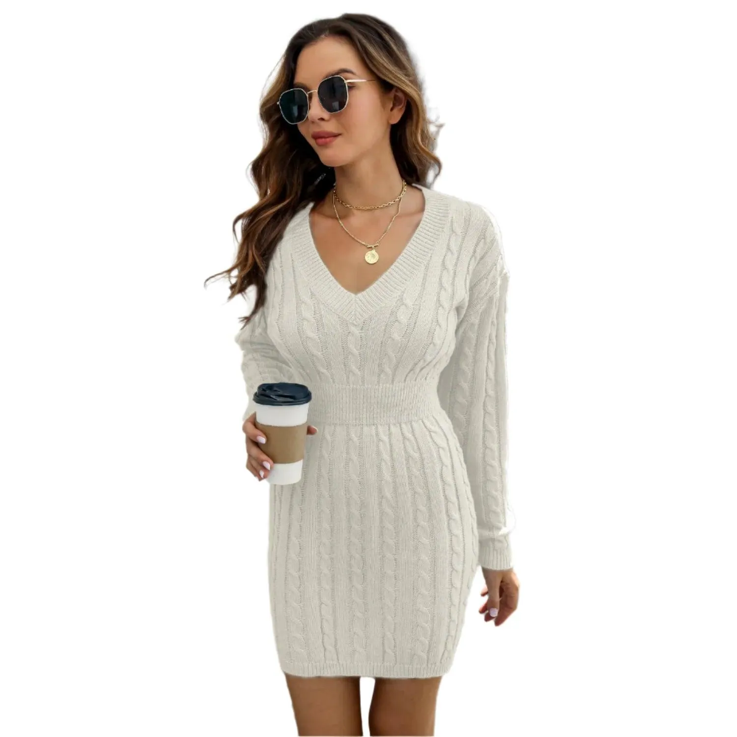Knitted Solid Color V-neck Long-Sleeved Twist Waist Hip-Covering Sweater Dress