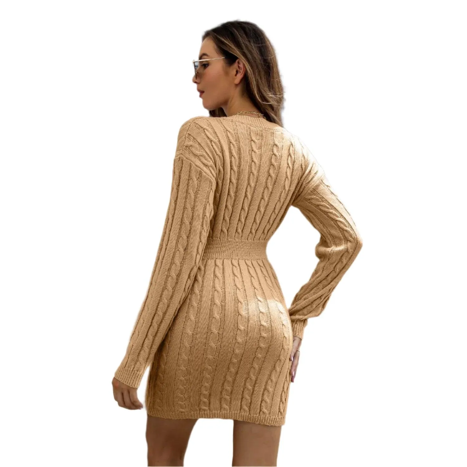 Knitted Solid Color V-neck Long-Sleeved Twist Waist Hip-Covering Sweater Dress