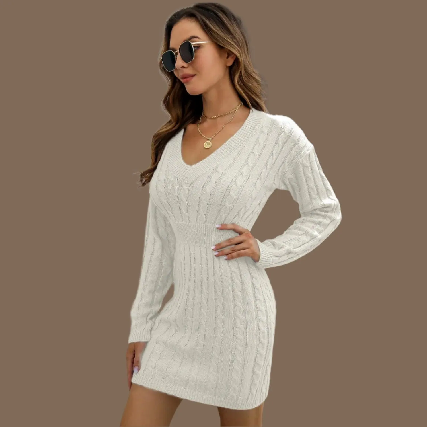 Knitted Solid Color V-neck Long-Sleeved Twist Waist Hip-Covering Sweater Dress
