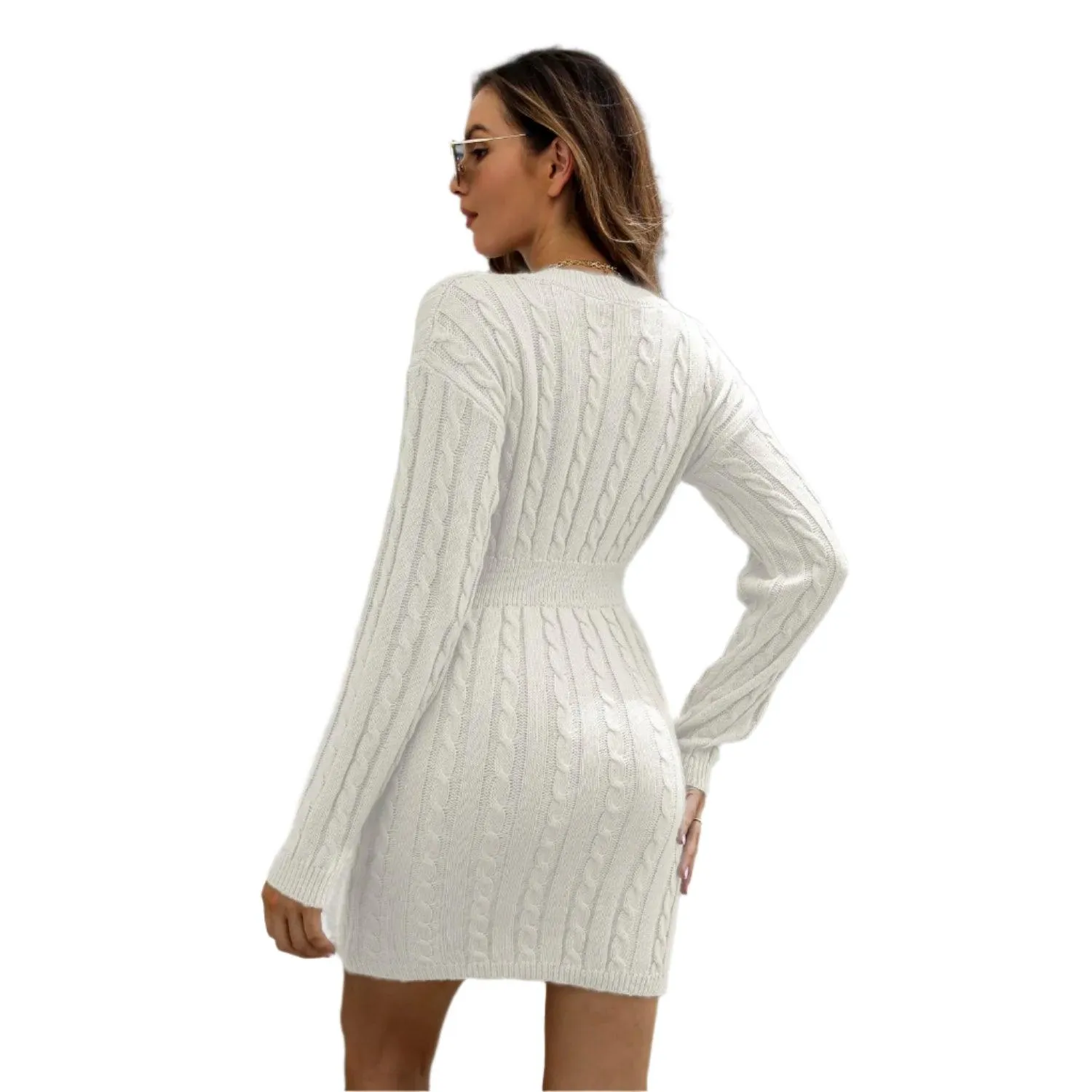 Knitted Solid Color V-neck Long-Sleeved Twist Waist Hip-Covering Sweater Dress