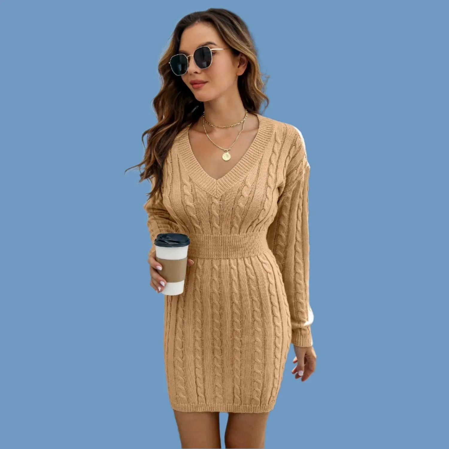 Knitted Solid Color V-neck Long-Sleeved Twist Waist Hip-Covering Sweater Dress
