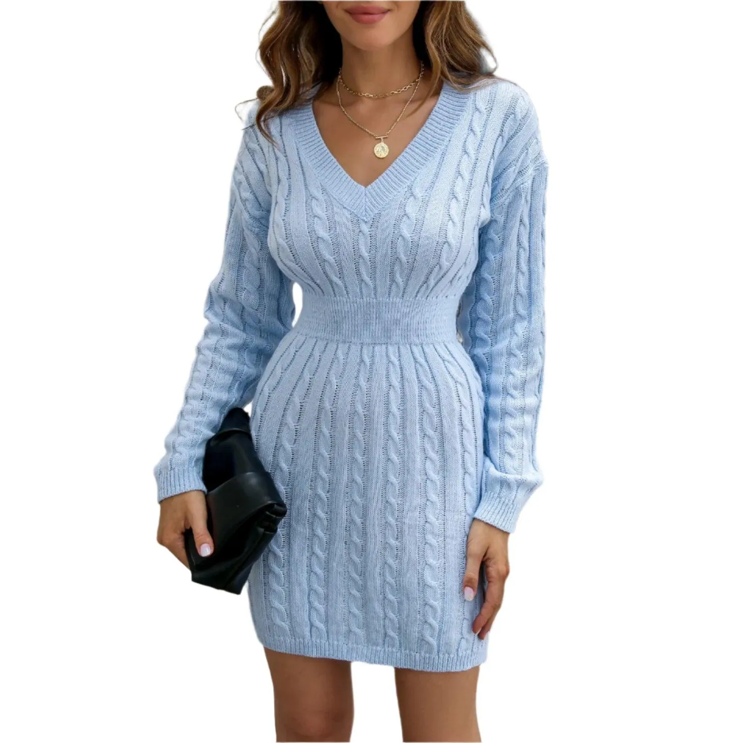 Knitted Solid Color V-neck Long-Sleeved Twist Waist Hip-Covering Sweater Dress