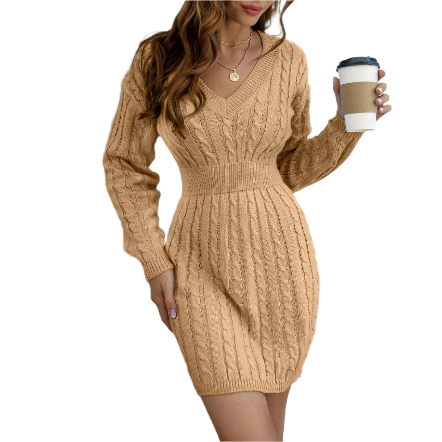 Knitted Solid Color V-neck Long-Sleeved Twist Waist Hip-Covering Sweater Dress