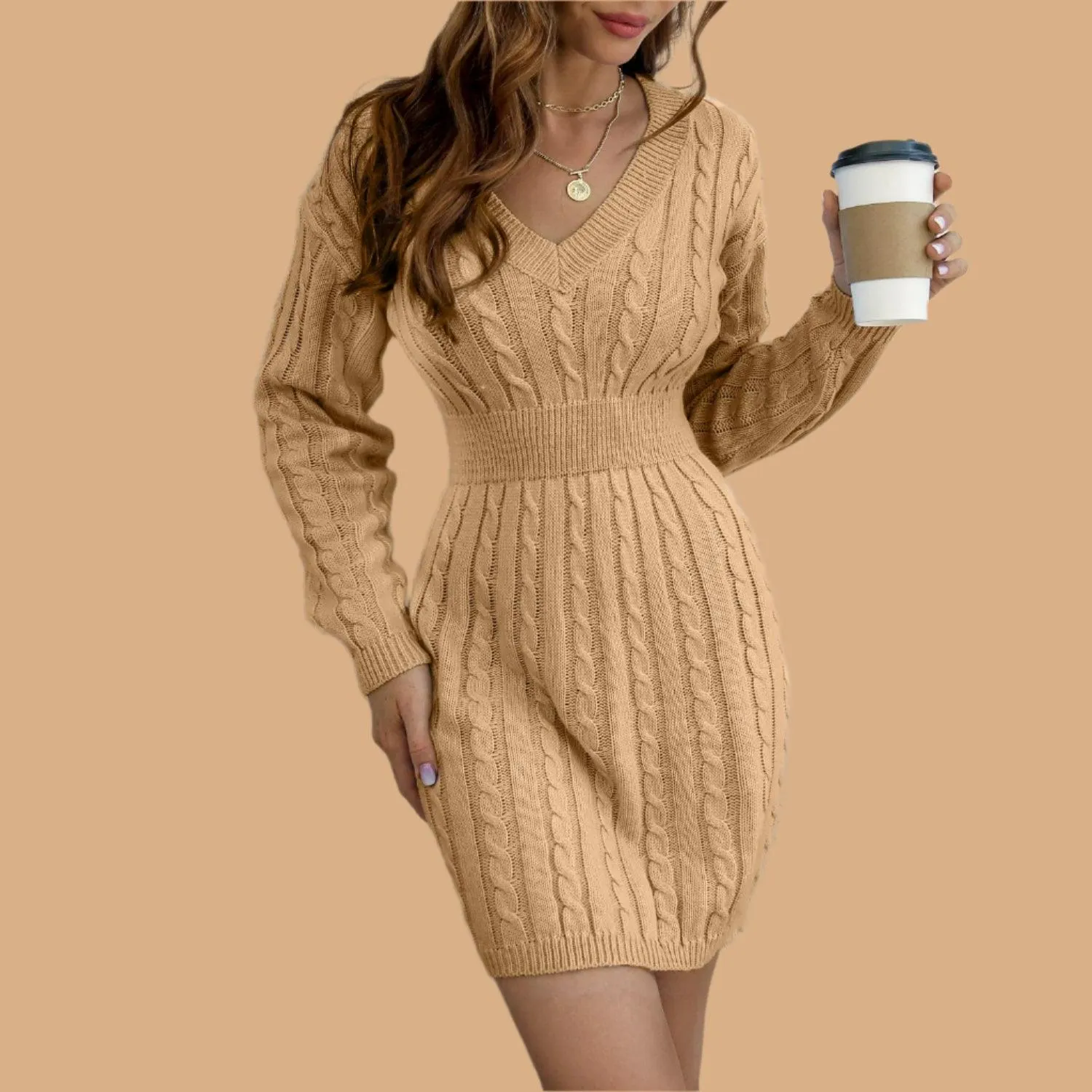 Knitted Solid Color V-neck Long-Sleeved Twist Waist Hip-Covering Sweater Dress