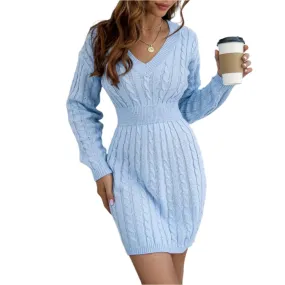 Knitted Solid Color V-neck Long-Sleeved Twist Waist Hip-Covering Sweater Dress